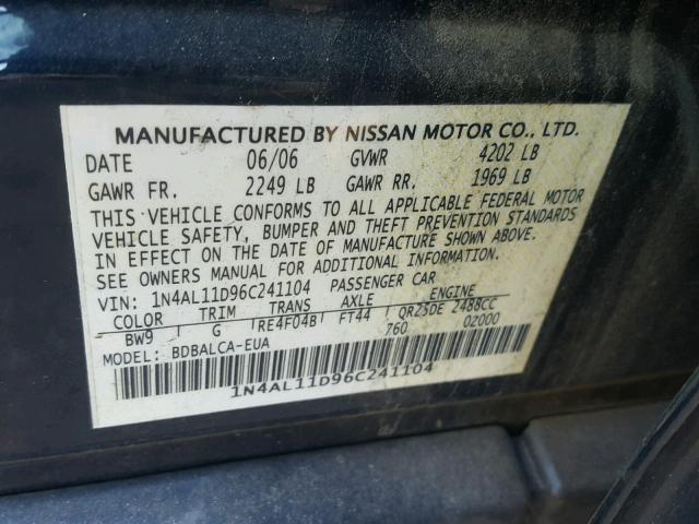 1N4AL11D96C241104 - 2006 NISSAN ALTIMA S BLUE photo 10