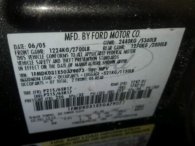 1FMDK031X5GA79073 - 2005 FORD FREESTYLE GRAY photo 10