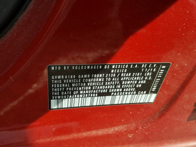 3VWD67AJ3GM287984 - 2016 VOLKSWAGEN JETTA SE RED photo 10