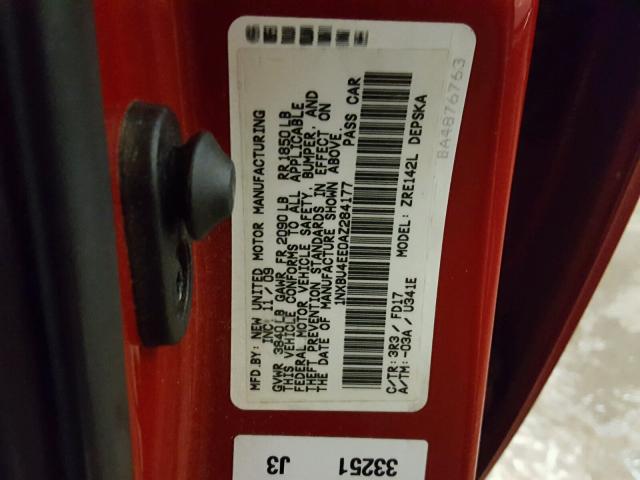 1NXBU4EE0AZ284177 - 2010 TOYOTA COROLLA BA RED photo 10