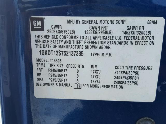 1GKDT13S752137335 - 2005 GMC ENVOY BLUE photo 10