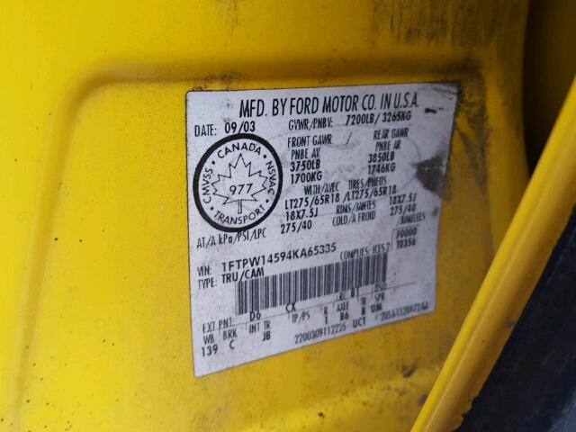 1FTPW14594KA65335 - 2004 FORD F150 SUPER YELLOW photo 10