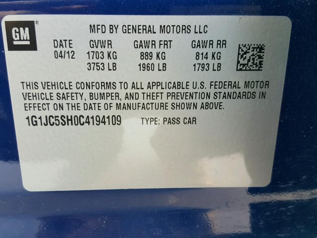 1G1JC5SH0C4194109 - 2012 CHEVROLET SONIC LT BLUE photo 10