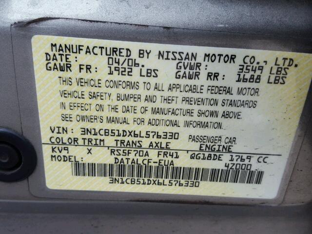 3N1CB51DX6L576330 - 2006 NISSAN SENTRA 1.8 BEIGE photo 10