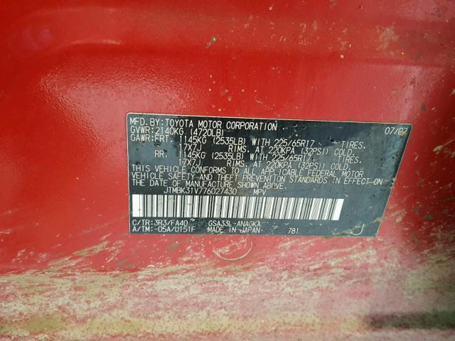 JTMBK31V776027430 - 2007 TOYOTA RAV4 LIMIT RED photo 10