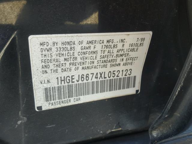 1HGEJ6674XL052123 - 1999 HONDA CIVIC LX BLACK photo 10