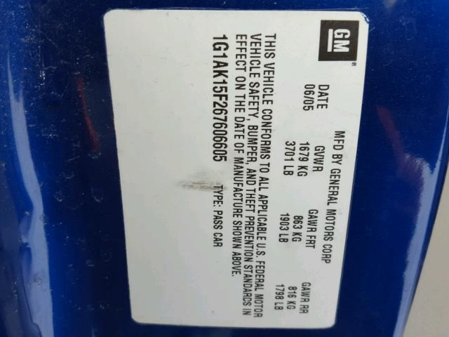 1G1AK15F267606605 - 2006 CHEVROLET COBALT LS BLUE photo 10