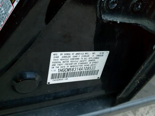 1HGCM56314A108533 - 2004 HONDA ACCORD LX BLACK photo 10