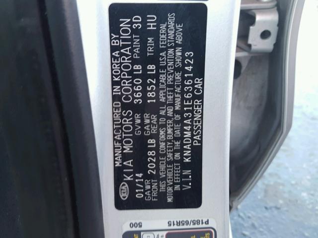 KNADM4A31E6361423 - 2014 KIA RIO LX SILVER photo 10