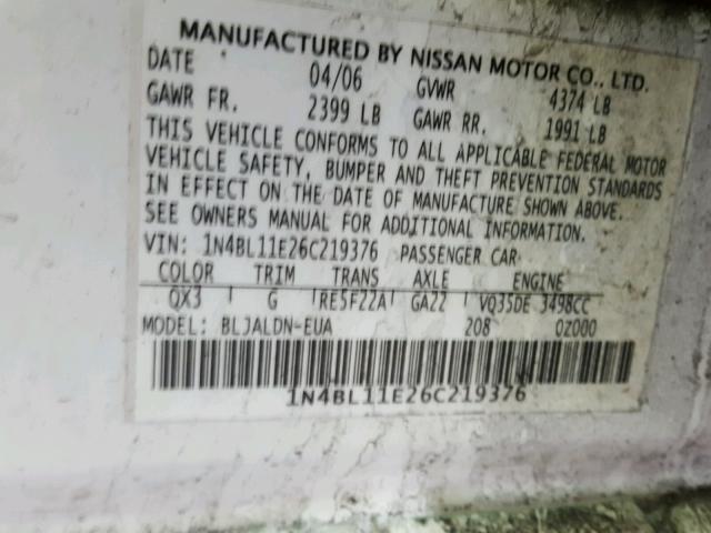 1N4BL11E26C219376 - 2006 NISSAN ALTIMA SE WHITE photo 10