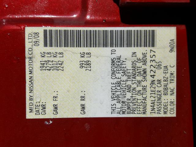 1N4AL21E29N422357 - 2009 NISSAN ALTIMA 2.5 RED photo 10