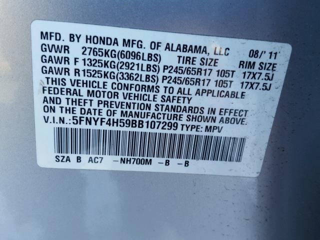 5FNYF4H59BB107299 - 2011 HONDA PILOT EXL SILVER photo 10