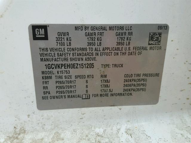 1GCVKPEH0EZ151205 - 2014 CHEVROLET SILVERADO WHITE photo 10