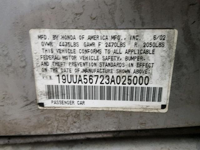 19UUA56723A025000 - 2003 ACURA 3.2TL GRAY photo 10