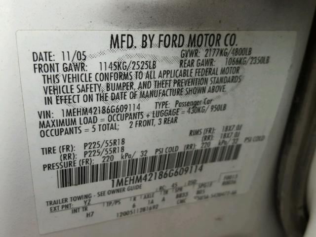 1MEHM42186G609114 - 2006 MERCURY MONTEGO PR 白色 照片 10