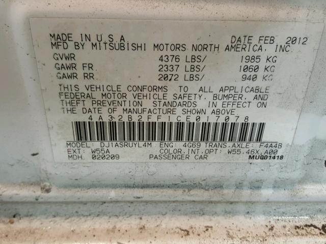 4A32B2FF1CE017078 - 2012 MITSUBISHI GALANT FE WHITE photo 10