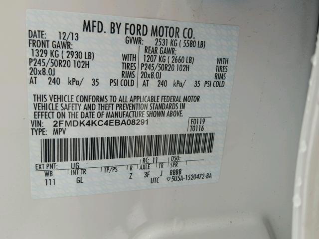 2FMDK4KC4EBA08291 - 2014 FORD EDGE LIMIT WHITE photo 10