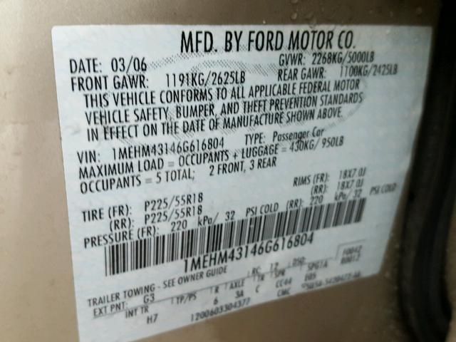 1MEHM43146G616804 - 2006 MERCURY MONTEGO PR 金色 照片 10