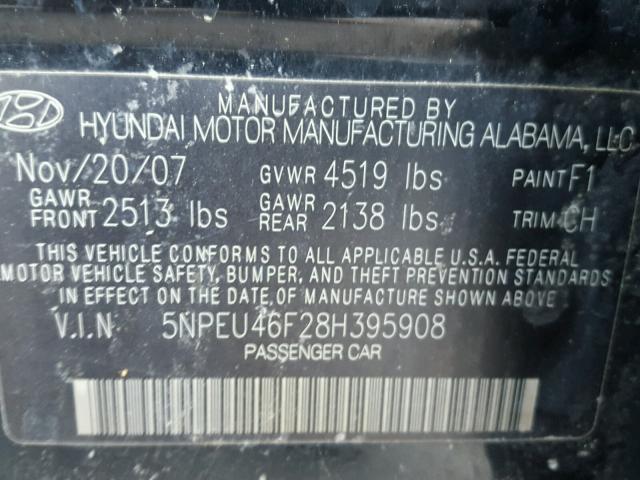 5NPEU46F28H395908 - 2008 HYUNDAI SONATA SE BLACK photo 10