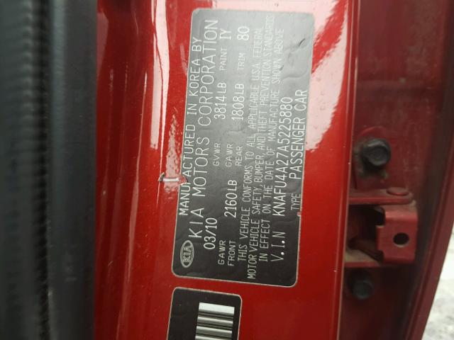 KNAFU4A27A5225880 - 2010 KIA FORTE EX RED photo 10