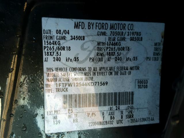 1FTPW12544KD71569 - 2004 FORD F150 SUPER GREEN photo 10