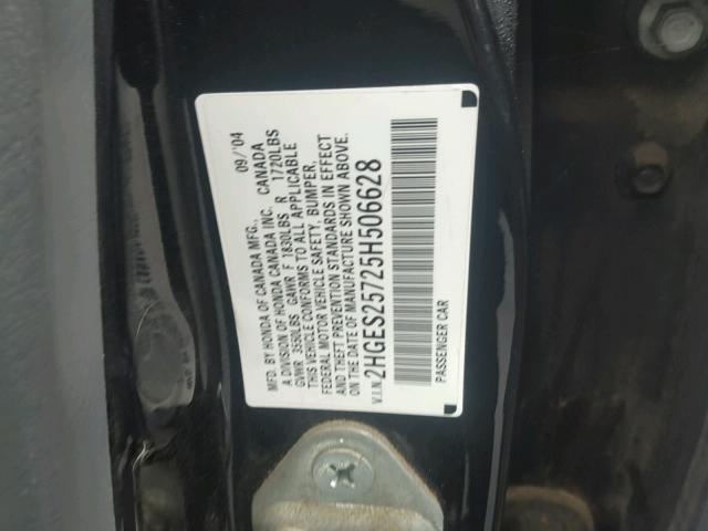 2HGES25725H506628 - 2005 HONDA CIVIC EX BLACK photo 10