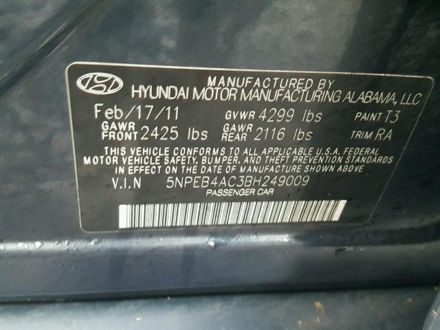 5NPEB4AC3BH249009 - 2011 HYUNDAI SONATA GLS BLUE photo 10