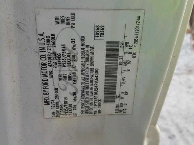 1FTYR10U24PA64300 - 2004 FORD RANGER WHITE photo 10