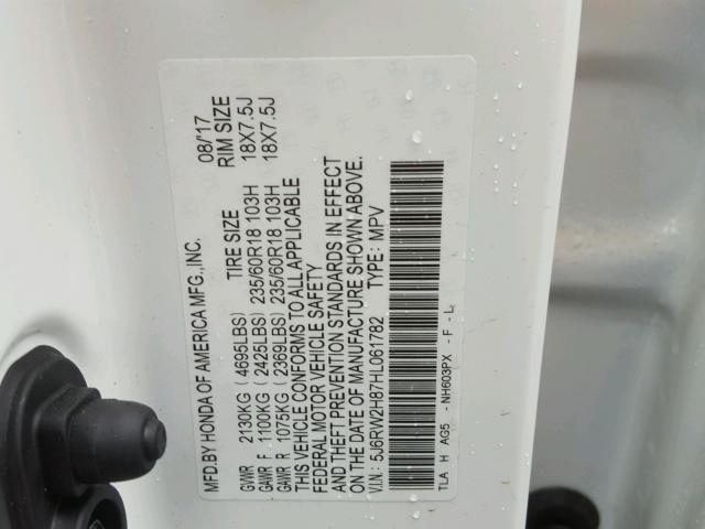 5J6RW2H87HL061782 - 2017 HONDA CR-V EXL WHITE photo 10