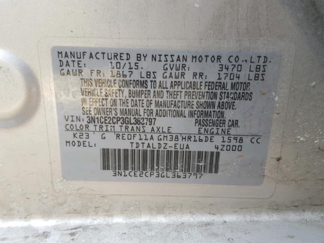 3N1CE2CP3GL363797 - 2016 NISSAN VERSA NOTE SILVER photo 10