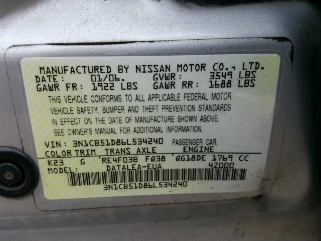 3N1CB51D86L534240 - 2006 NISSAN SENTRA 1.8 SILVER photo 10