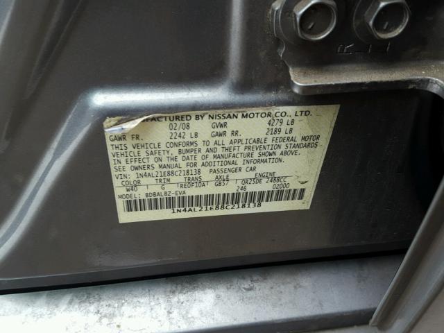 1N4AL21E88C218138 - 2008 NISSAN ALTIMA 2.5 GRAY photo 10