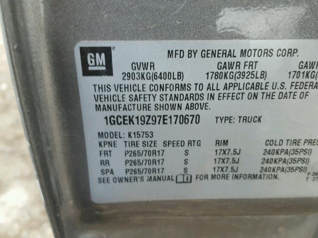 1GCEK19Z97E170670 - 2007 CHEVROLET SILVERADO SILVER photo 10