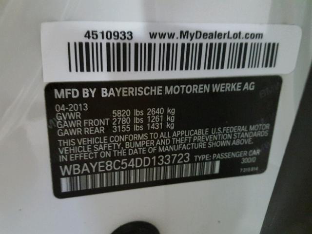 WBAYE8C54DD133723 - 2013 BMW 750LI WHITE photo 10