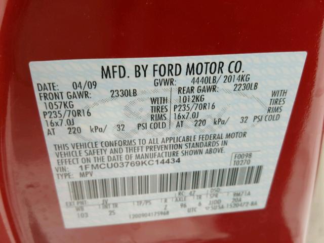 1FMCU03769KC14434 - 2009 FORD ESCAPE XLT RED photo 10