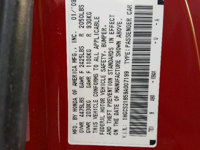 1HGCS21859A007199 - 2009 HONDA ACCORD EXL RED photo 10