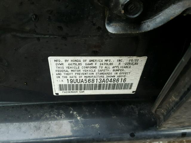 19UUA56813A048616 - 2003 ACURA 3.2TL TYPE BLACK photo 10