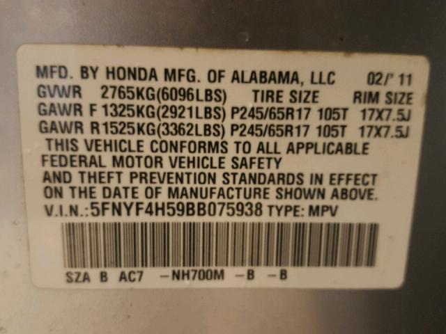 5FNYF4H59BB075938 - 2011 HONDA PILOT EXL SILVER photo 10