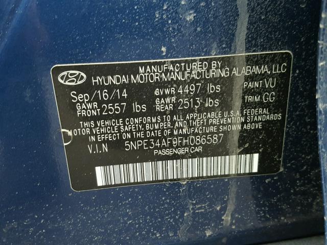 5NPE34AF9FH086587 - 2015 HYUNDAI SONATA SPO BLUE photo 10