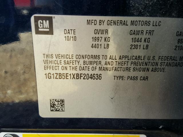 1G1ZB5E1XBF204636 - 2011 CHEVROLET MALIBU LS ლურჯი ფოტო 10