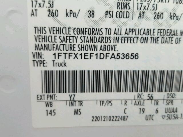 1FTFX1EF1DFA53656 - 2013 FORD F150 SUPER WHITE photo 10