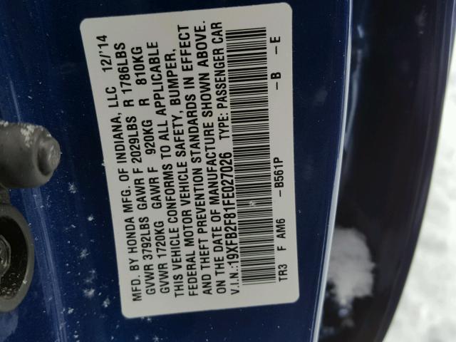 19XFB2F81FE027026 - 2015 HONDA CIVIC EX ლურჯი ფოტო 10