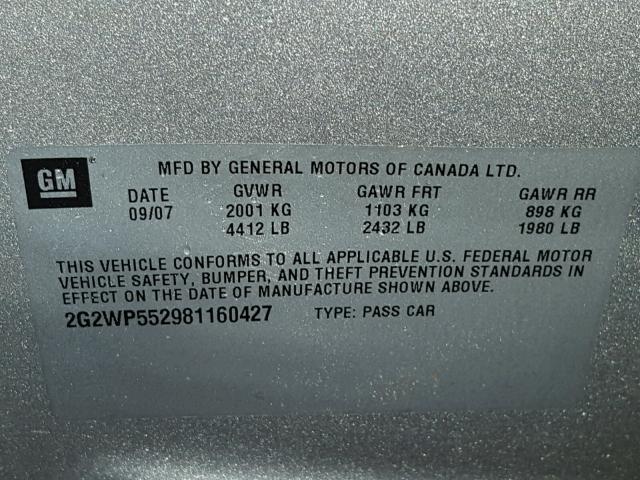 2G2WP552981160427 - 2008 PONTIAC GRAND PRIX SILVER photo 10