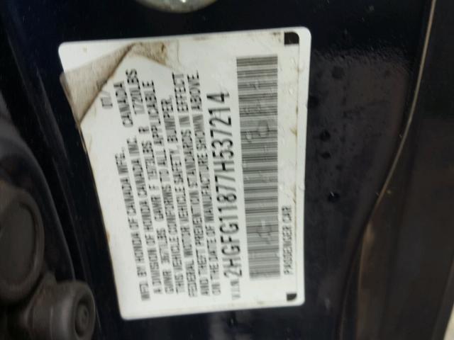 2HGFG11877H537214 - 2007 HONDA CIVIC EX BLUE photo 10