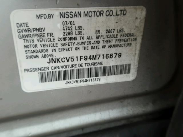 JNKCV51F94M716679 - 2004 INFINITI G35 SILVER photo 10