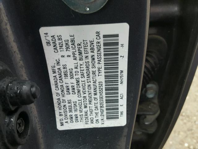 2HGFB2E55EH552523 - 2014 HONDA CIVIC LX CHARCOAL photo 10