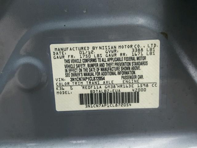 3N1CN7AP1CL872054 - 2012 NISSAN VERSA S GRAY photo 10