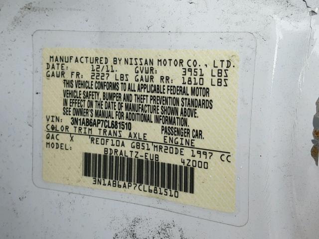 3N1AB6AP7CL681510 - 2012 NISSAN SENTRA 2.0 WHITE photo 10