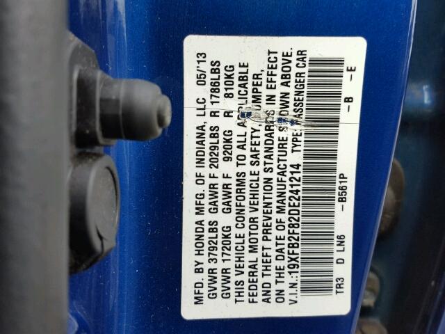 19XFB2F82DE241214 - 2013 HONDA CIVIC EX ლურჯი ფოტო 10