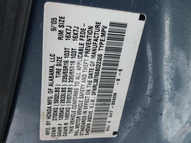 5FNRL38766B022306 - 2006 HONDA ODYSSEY EX BLUE photo 10